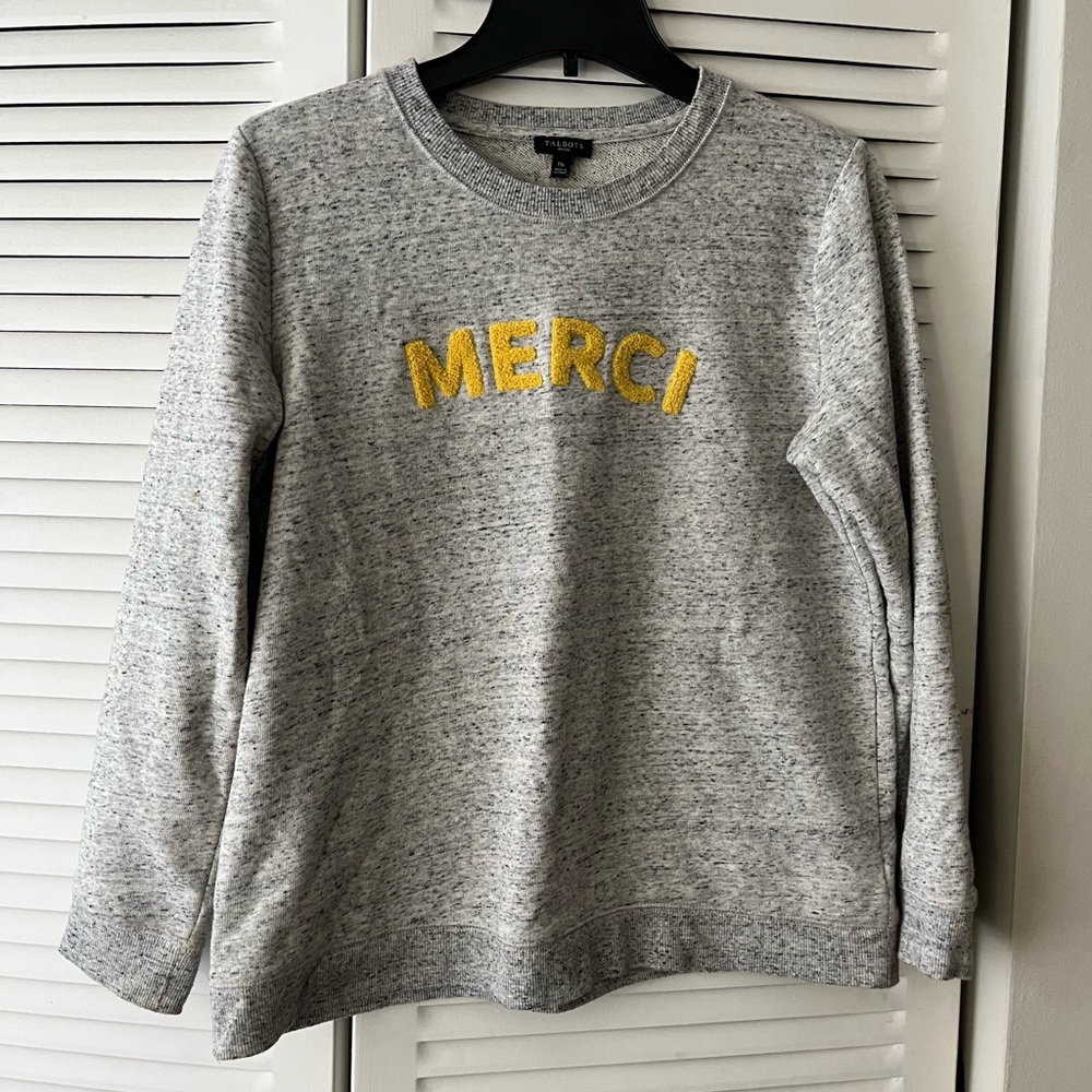 Talbots “Merci” Gray Sweater with Yellow letters, Medium Petite